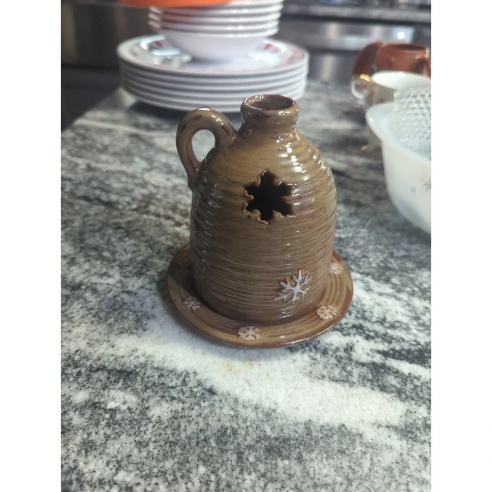 Primitive  Vintage Honey & Me Beehive Pottery Snowman Jug & Saucer Candle Holder
